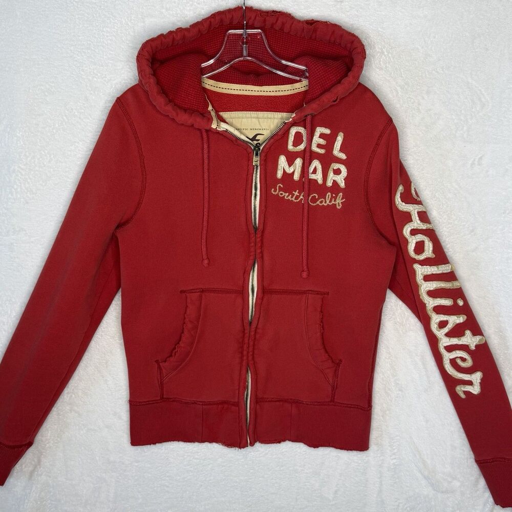 Hollister Men Hoodie S Red Full Zip Jacket Distressed Del Mar California 90s Y2K